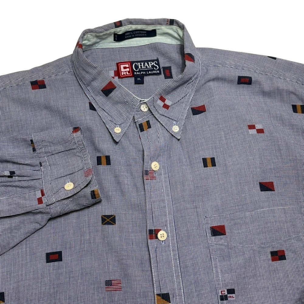 Chaps Ralph Lauren Mens XL Button Down Shirt Blue Gingham Nautical Flag Y2K 90s
